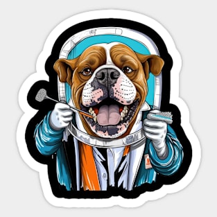 an English Bulldog wearing a dentist's coat and holding a toothbrush Sticker